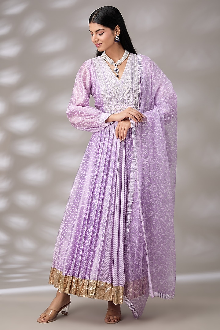 Purple Kora Silk Crystal Cutdana Embroidered & Block Printed Pleated Kurta Set by Prisha's at Pernia's Pop Up Shop
