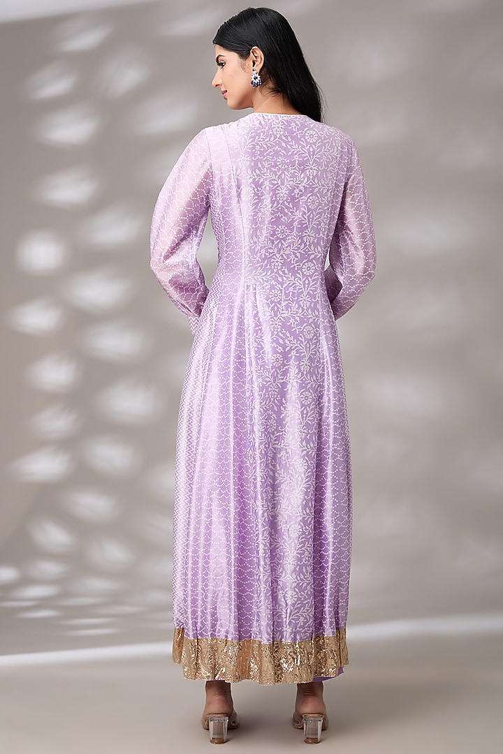 Purple Kora Silk Crystal Cutdana Embroidered & Block Printed Pleated Kurta Set by Prisha's at Pernia's Pop Up Shop
