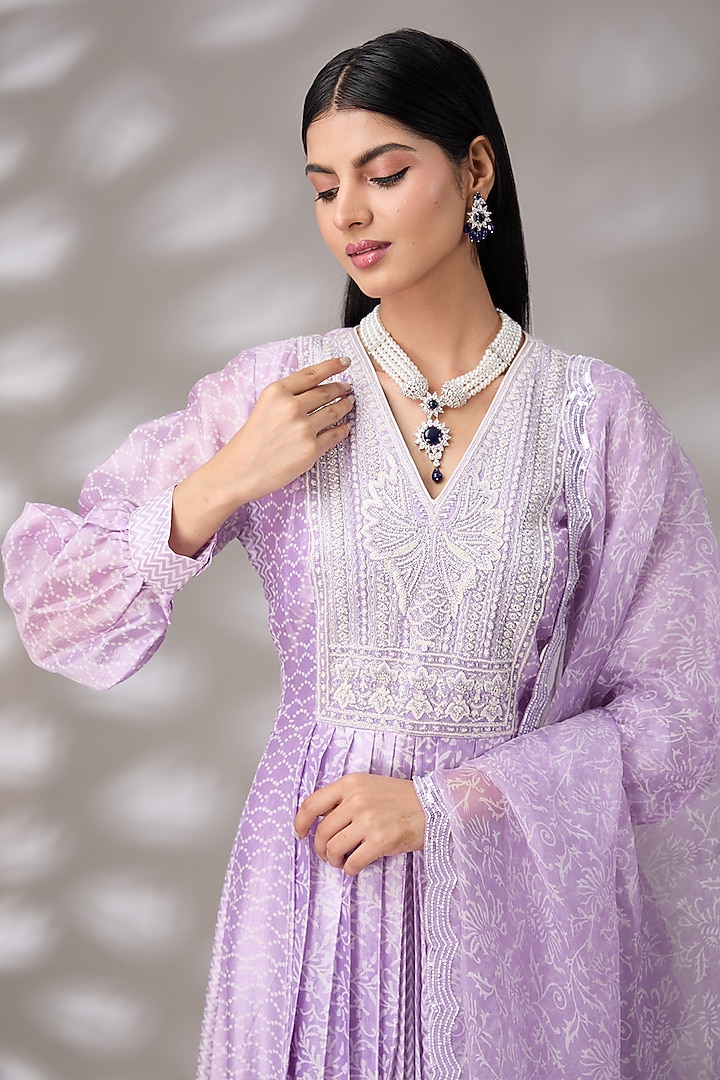 Purple Kora Silk Crystal Cutdana Embroidered & Block Printed Pleated Kurta Set by Prisha's at Pernia's Pop Up Shop