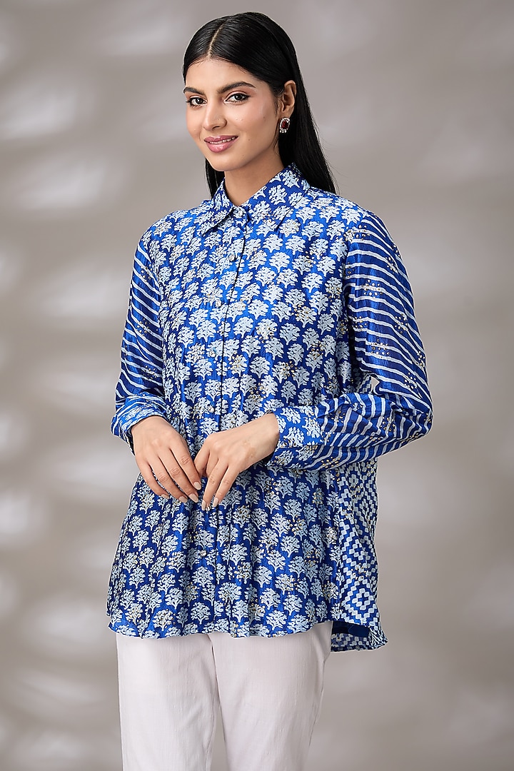 Blue Kora Silk Hand Embroidered & Block Printed Shirt by Prisha's