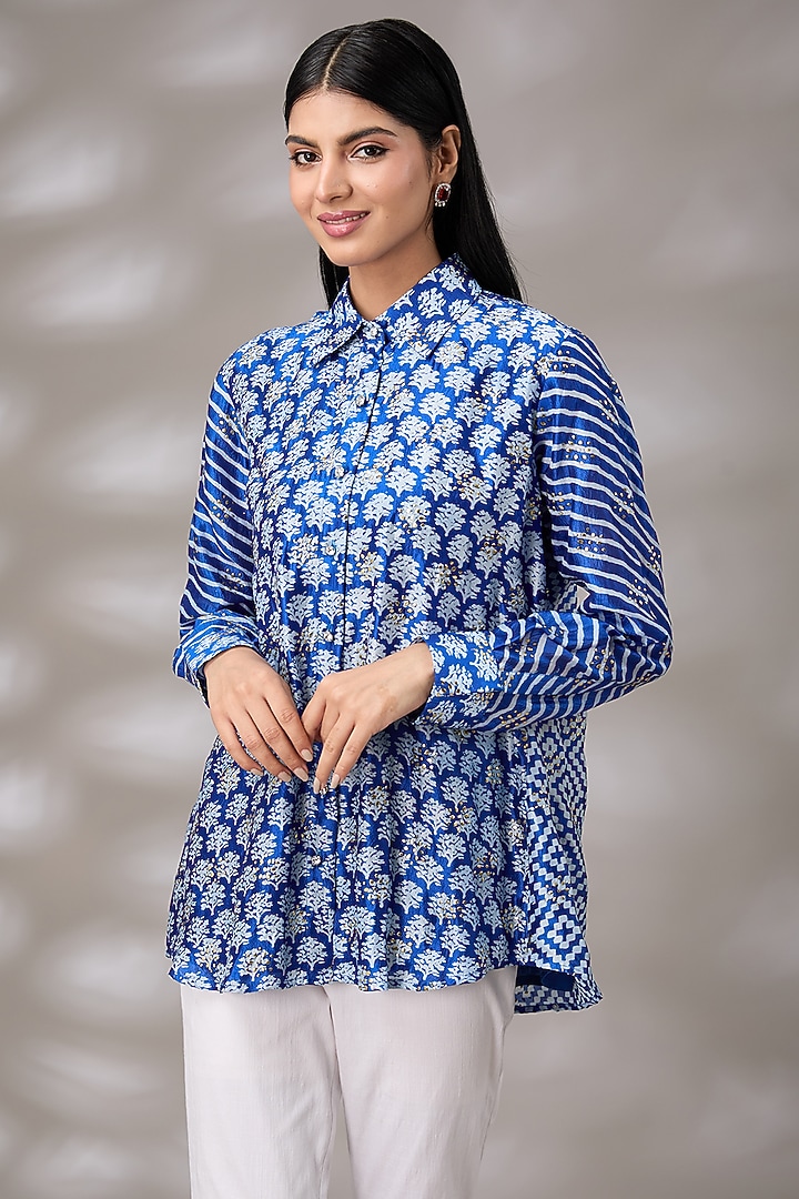 Blue Kora Silk Hand Embroidered & Block Printed Shirt by Prisha's at Pernia's Pop Up Shop