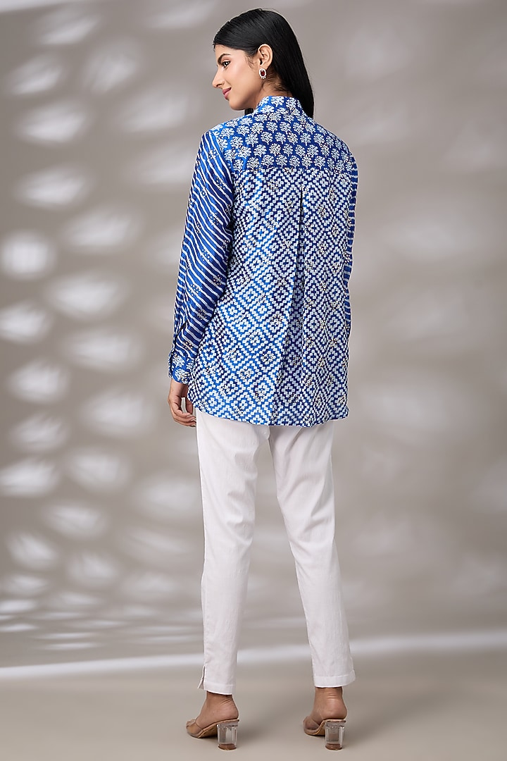 Blue Kora Silk Hand Embroidered & Block Printed Shirt by Prisha's at Pernia's Pop Up Shop