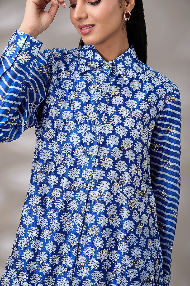 Blue Kora Silk Hand Embroidered & Block Printed Shirt by Prisha's at Pernia's Pop Up Shop