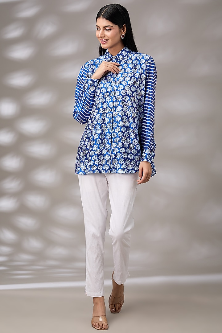 Blue Kora Silk Hand Embroidered & Block Printed Shirt by Prisha's at Pernia's Pop Up Shop