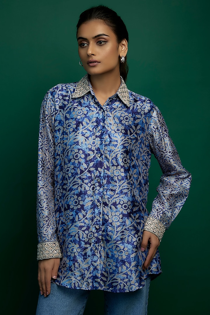 Indigo & Beige Kora Silk Block Printed Shirt by Prisha's at Pernia's Pop Up Shop