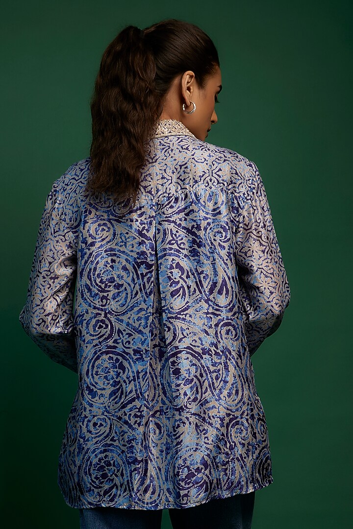 Indigo & Beige Kora Silk Block Printed Shirt by Prisha's at Pernia's Pop Up Shop