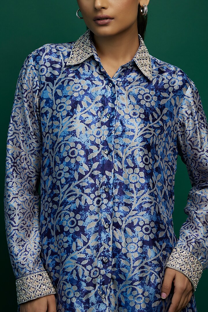 Indigo & Beige Kora Silk Block Printed Shirt by Prisha's at Pernia's Pop Up Shop
