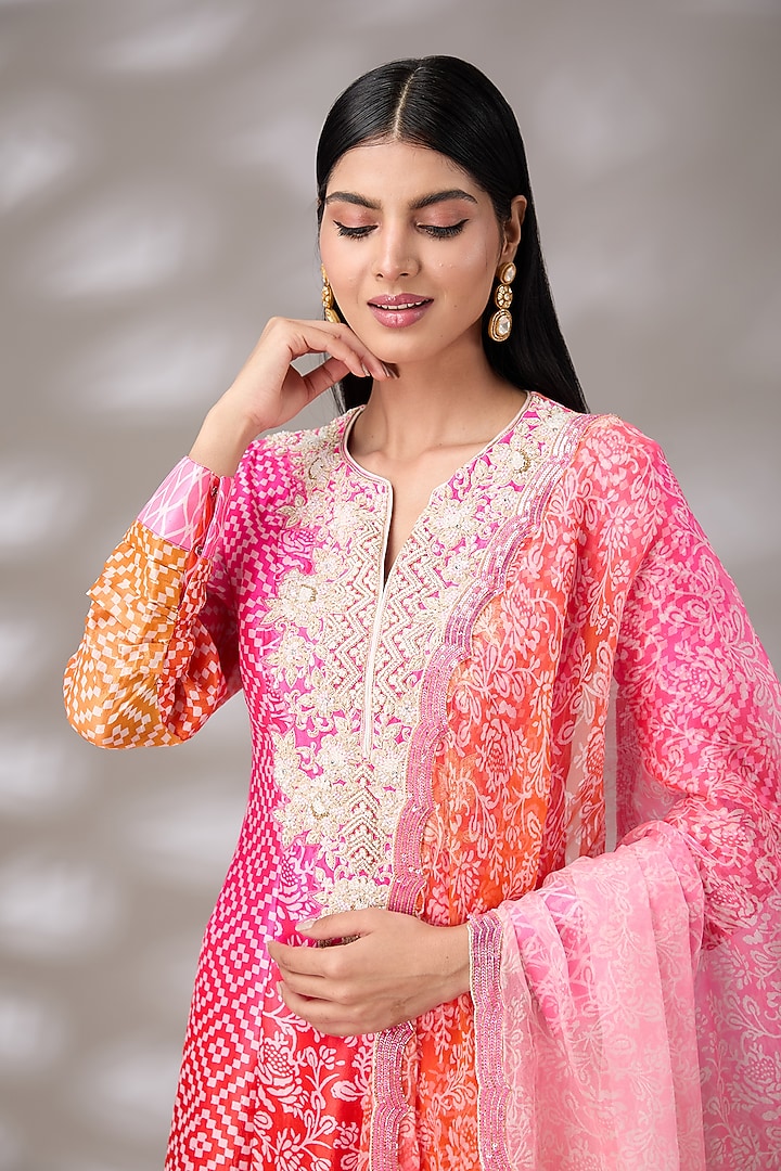Multi-Colored Kora Silk Zardosi Embroidered & Block Printed Wedding Anarkali Set by Prisha's at Pernia's Pop Up Shop