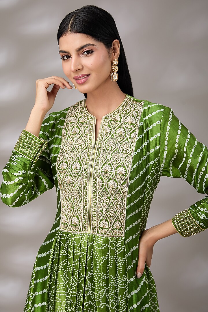 Green Kora Silk Floral Embroidered & Block Printed Pleated Kurta Set by Prisha's at Pernia's Pop Up Shop