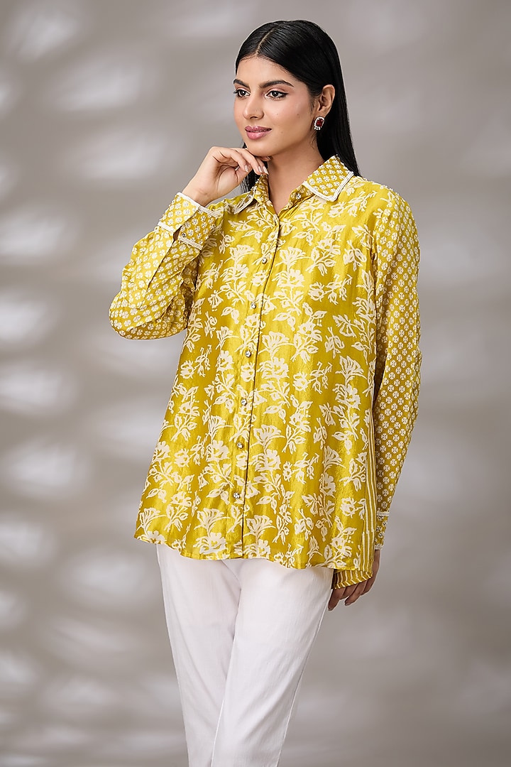 Gold Kora Silk Floral Boota Hand Embroidered & Block Printed Shirt by Prisha's