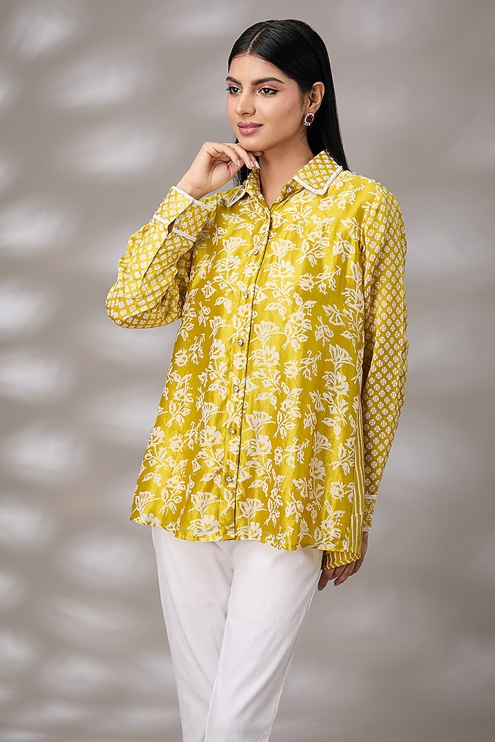 Gold Kora Silk Floral Boota Hand Embroidered & Block Printed Shirt by Prisha's at Pernia's Pop Up Shop