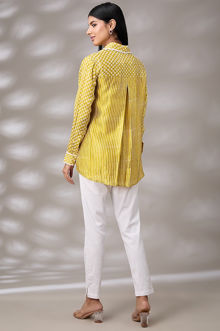 Gold Kora Silk Floral Boota Hand Embroidered & Block Printed Shirt by Prisha's at Pernia's Pop Up Shop
