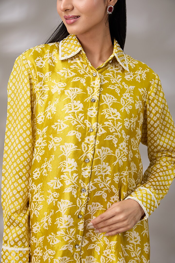 Gold Kora Silk Floral Boota Hand Embroidered & Block Printed Shirt by Prisha's at Pernia's Pop Up Shop