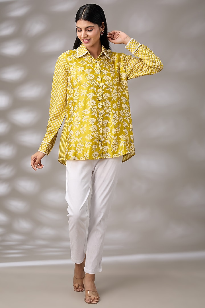 Gold Kora Silk Floral Boota Hand Embroidered & Block Printed Shirt by Prisha's at Pernia's Pop Up Shop