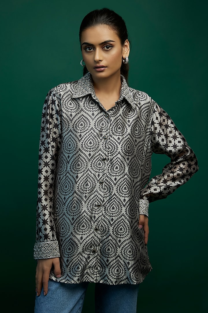 Black & Grey Kora Silk Block Printed Shirt by Prisha's at Pernia's Pop Up Shop