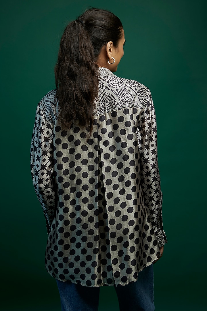 Black & Grey Kora Silk Block Printed Shirt by Prisha's at Pernia's Pop Up Shop