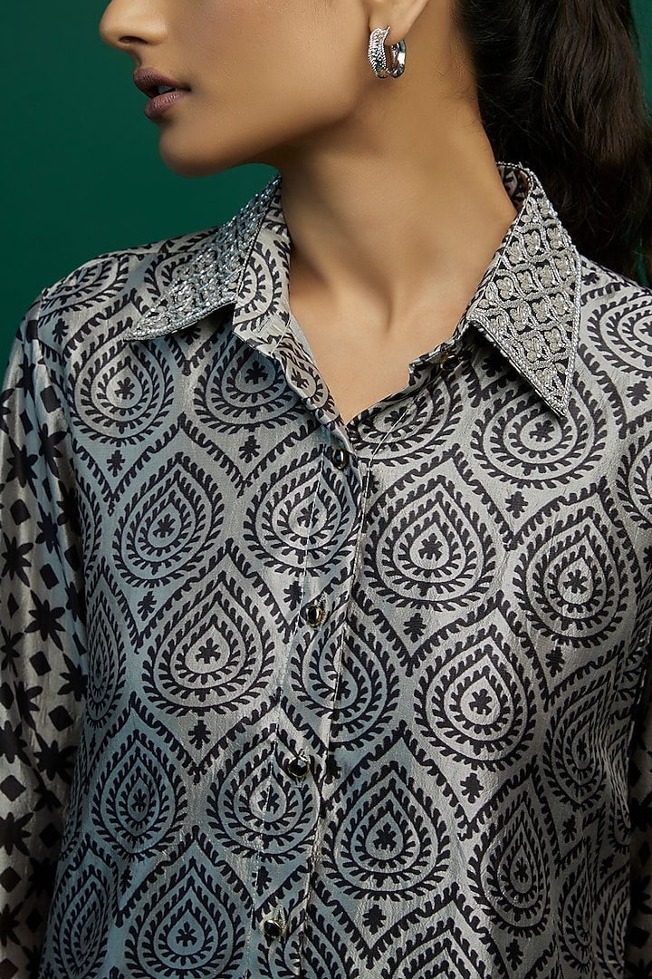 Black & Grey Kora Silk Block Printed Shirt by Prisha's at Pernia's Pop Up Shop