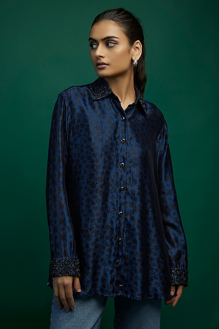 Indigo & Black Kora Silk Block Printed Shirt by Prisha's at Pernia's Pop Up Shop