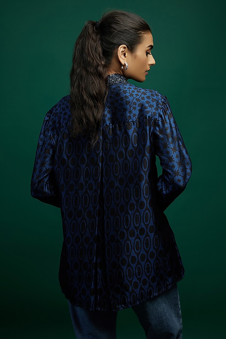 Indigo & Black Kora Silk Block Printed Shirt by Prisha's at Pernia's Pop Up Shop