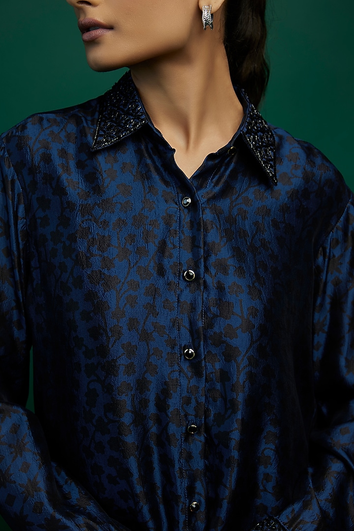 Indigo & Black Kora Silk Block Printed Shirt by Prisha's at Pernia's Pop Up Shop