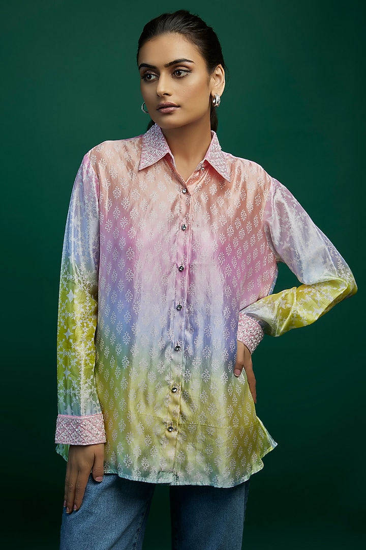 Multi-Colored Kora Silk Block Printed Shirt by Prisha's at Pernia's Pop Up Shop