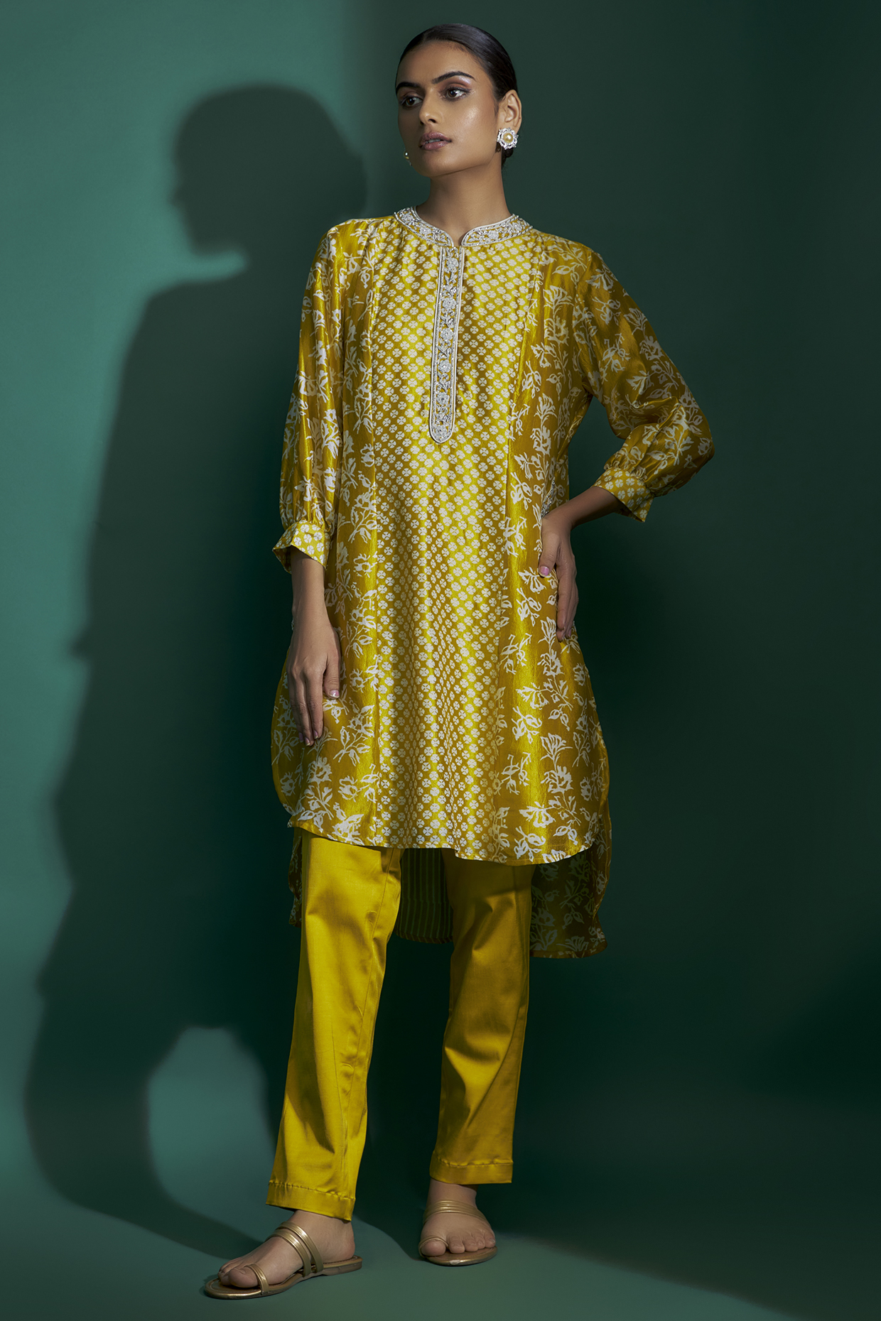 Green Kora Silk Block Printed Tunic Set by Prisha's at Pernia's Pop Up Shop