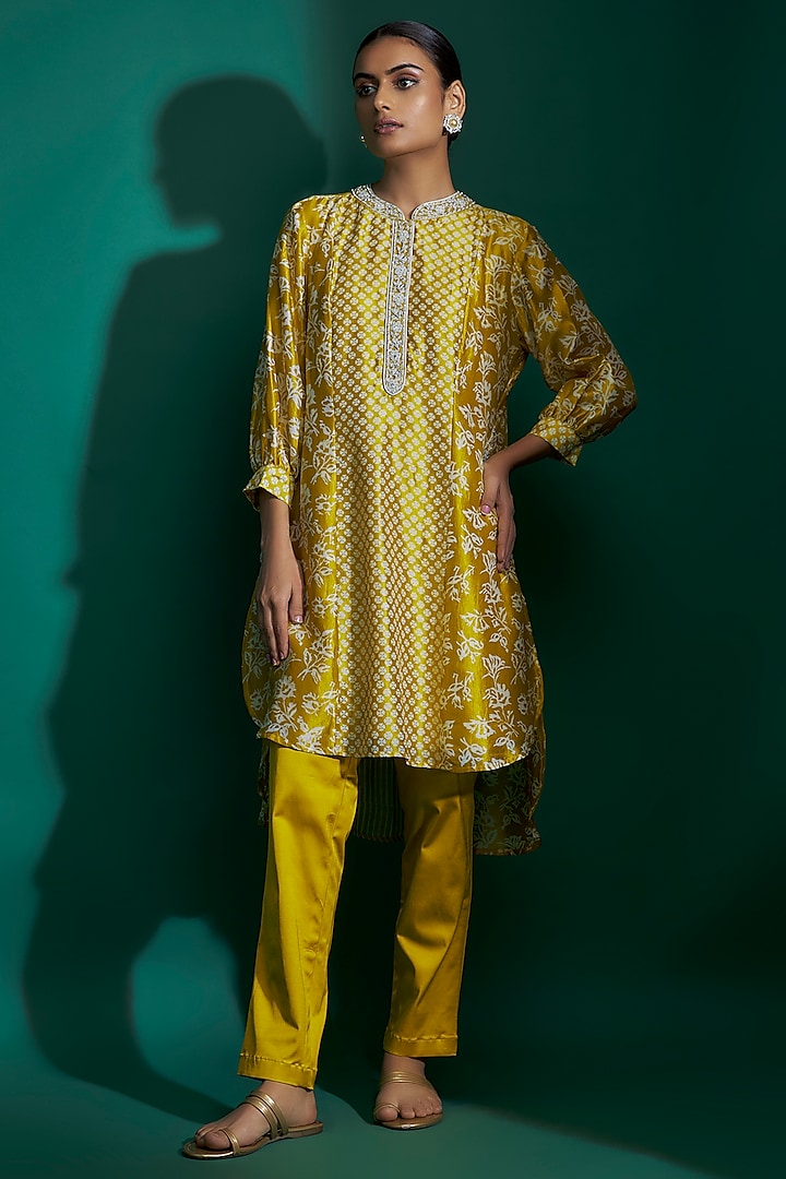 Green Kora Silk Block Printed Tunic Set by Prisha's at Pernia's Pop Up Shop