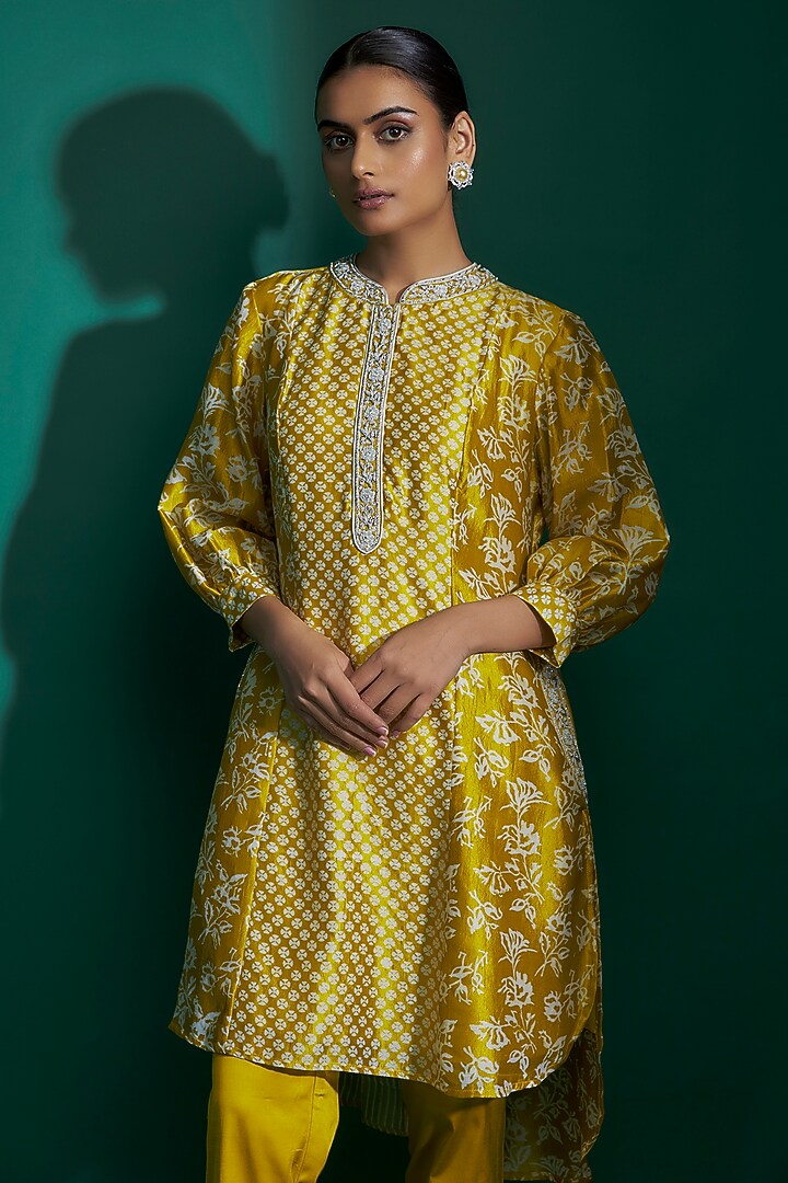 Green Kora Silk Block Printed Tunic Set by Prisha's at Pernia's Pop Up Shop