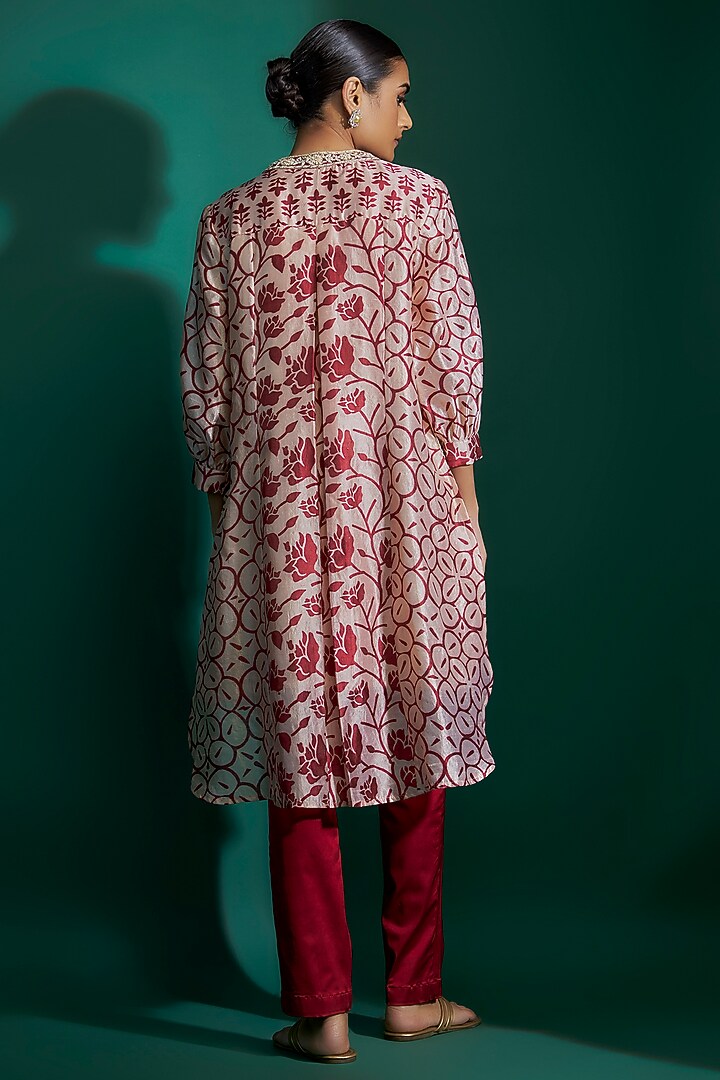 Maroon Kora Silk Block Printed Tunic Set by Prisha's at Pernia's Pop Up Shop