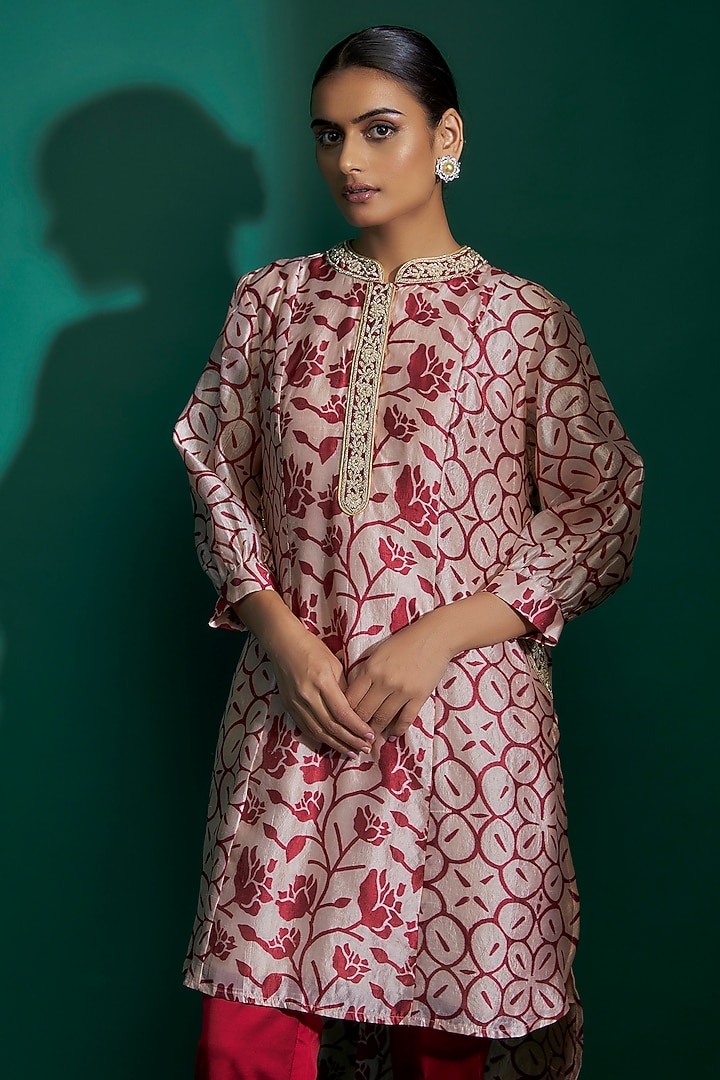 Maroon Kora Silk Block Printed Tunic Set by Prisha's at Pernia's Pop Up Shop