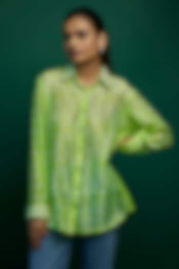 Green Kora Silk Block Printed Shirt by Prisha's at Pernia's Pop Up Shop