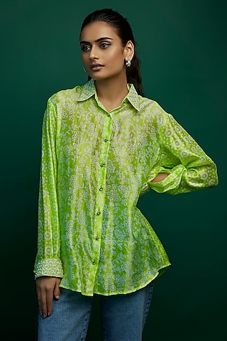 Green Kora Silk Block Printed Shirt by Prisha's