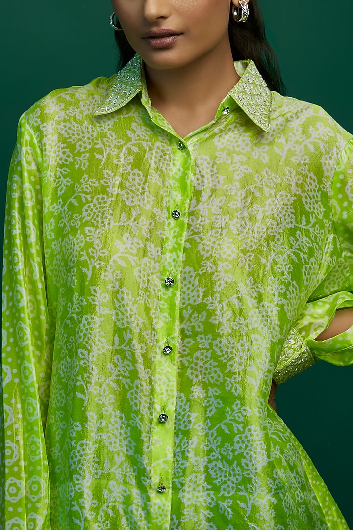 Green Kora Silk Block Printed Shirt by Prisha's at Pernia's Pop Up Shop