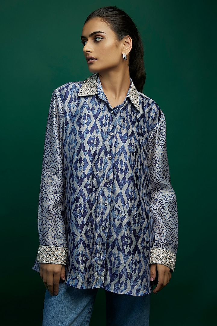 Indigo & Beige Kora Silk Block Printed Shirt by Prisha's at Pernia's Pop Up Shop