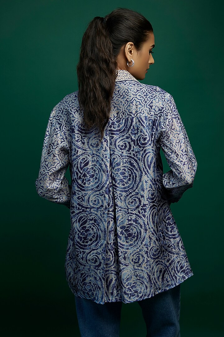 Indigo & Beige Kora Silk Block Printed Shirt by Prisha's at Pernia's Pop Up Shop