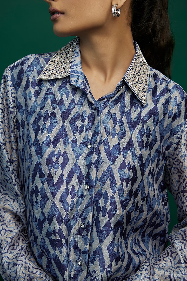 Indigo & Beige Kora Silk Block Printed Shirt by Prisha's at Pernia's Pop Up Shop