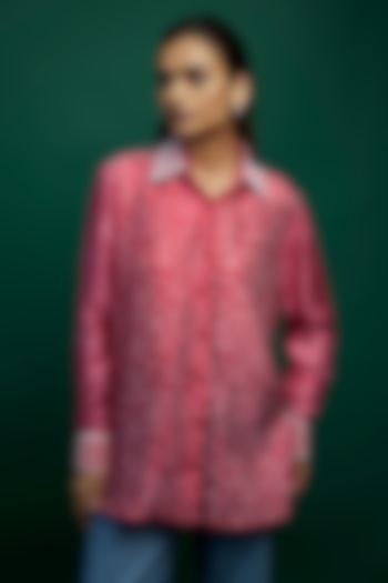 Red Kora Silk Block Printed Shirt by Prisha's at Pernia's Pop Up Shop