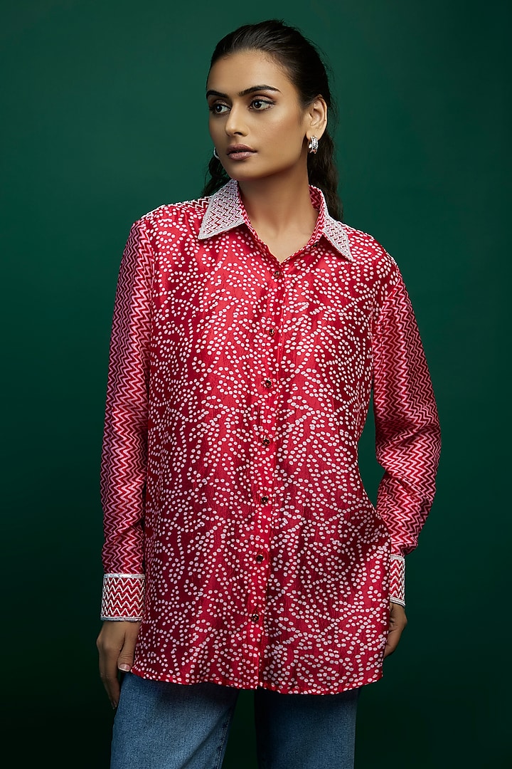 Red Kora Silk Block Printed Shirt by Prisha's at Pernia's Pop Up Shop