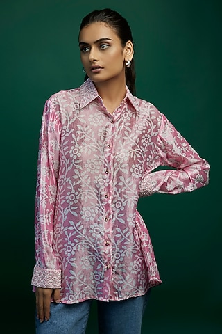Pink Kora Silk Block Printed Shirt by Prisha's