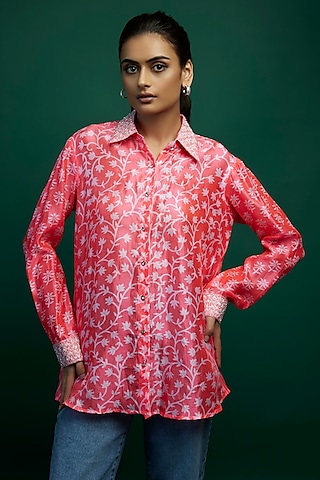 Neon Pink Kora Silk Block Printed Shirt by Prisha's