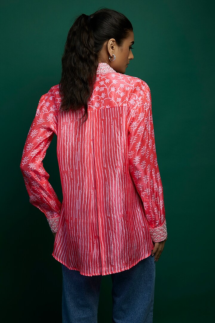 Neon Pink Kora Silk Block Printed Shirt by Prisha's at Pernia's Pop Up Shop