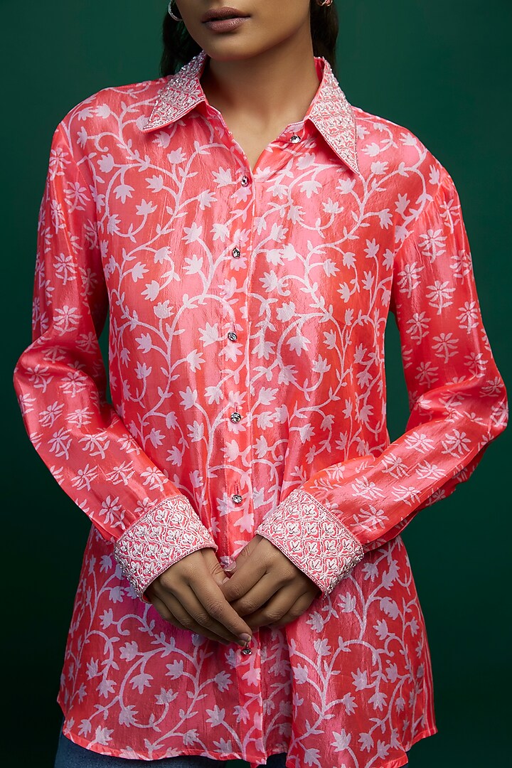 Neon Pink Kora Silk Block Printed Shirt by Prisha's at Pernia's Pop Up Shop