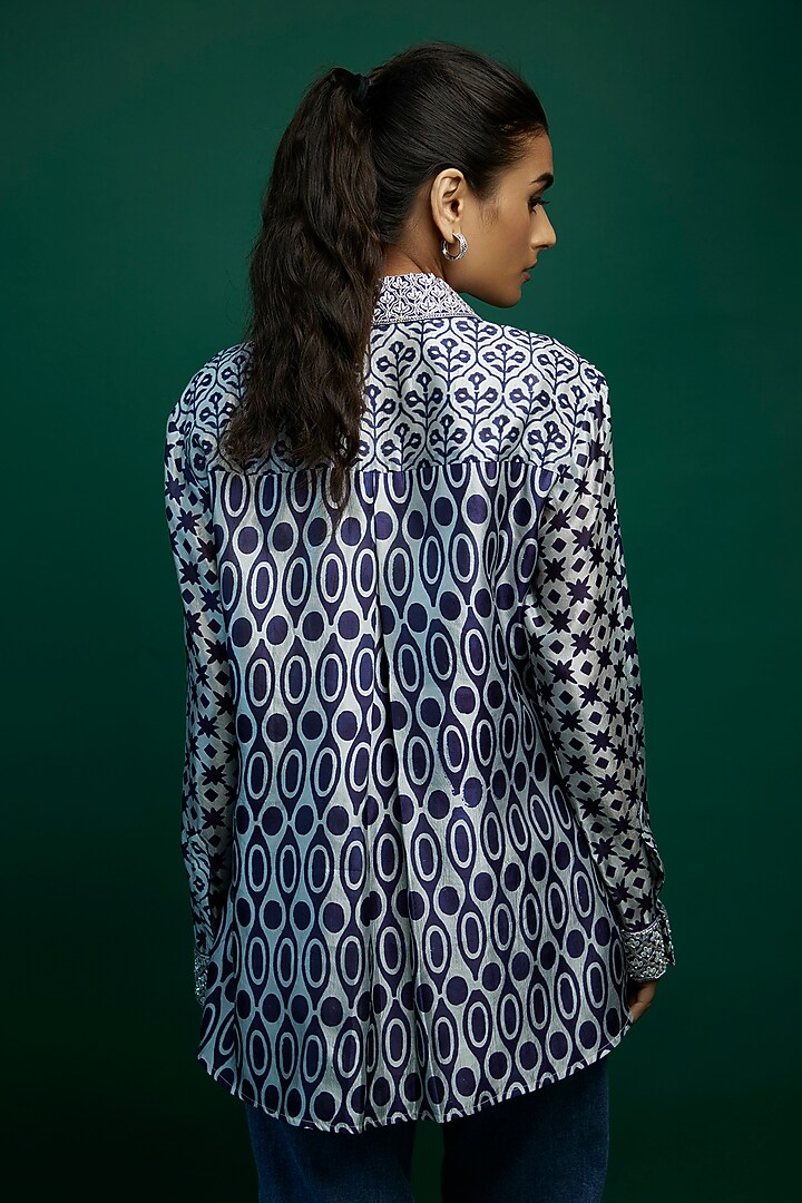Blue & Grey Kora Silk Block Printed Shirt by Prisha's at Pernia's Pop Up Shop