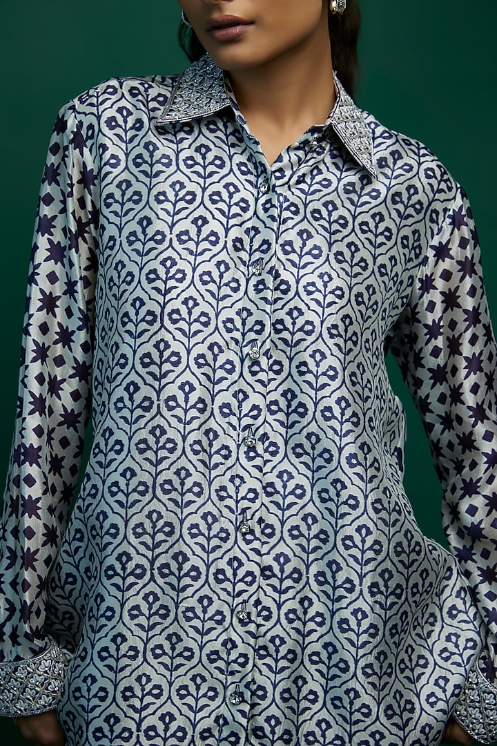 Blue & Grey Kora Silk Block Printed Shirt by Prisha's at Pernia's Pop Up Shop