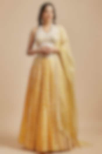 Yellow Kora Silk Block Printed Pleated Wedding Lehenga Set by Prisha's at Pernia's Pop Up Shop