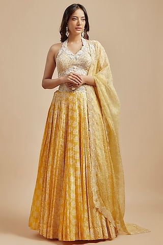 Yellow Kora Silk Block Printed Pleated Lehenga Set by Prisha's
