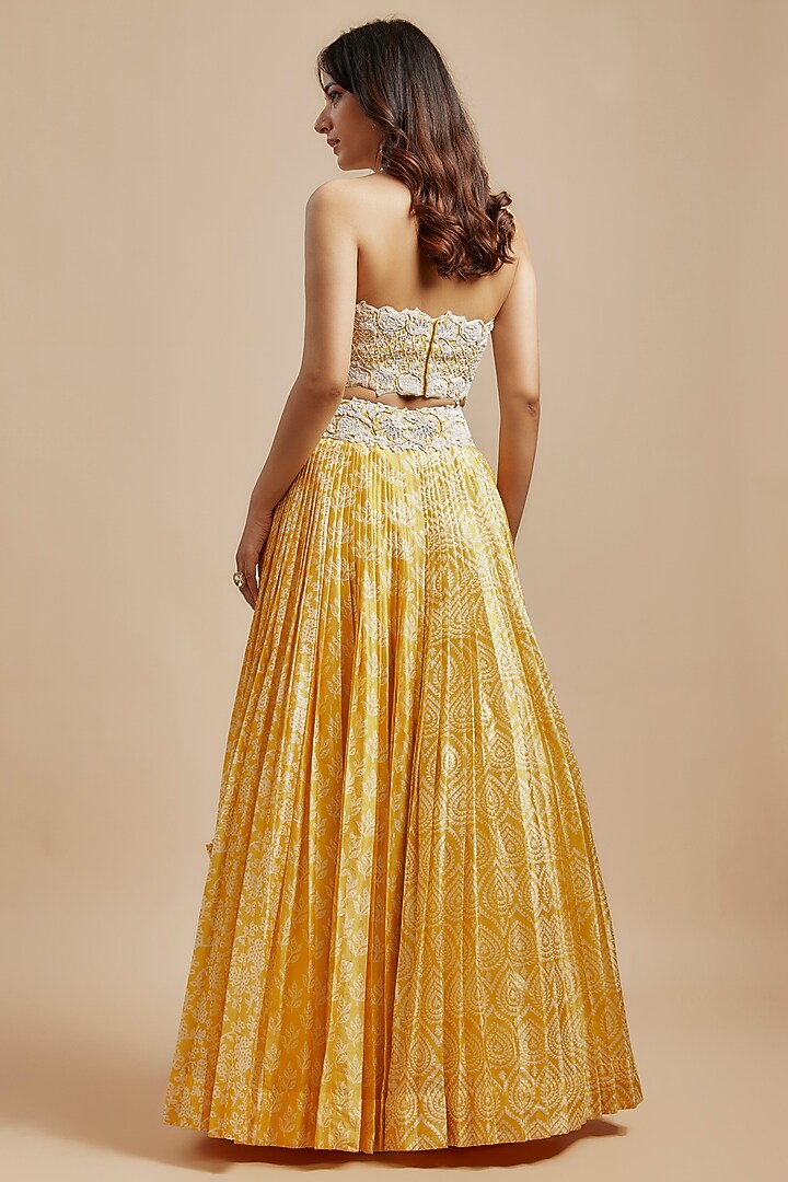 Yellow Kora Silk Block Printed Pleated Wedding Lehenga Set by Prisha's at Pernia's Pop Up Shop