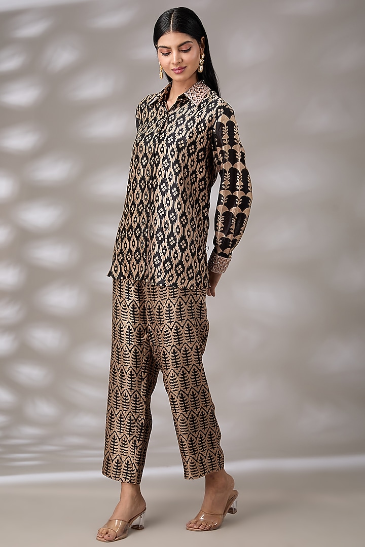 Black Kora Silk Floral Embroidered & Block Printed Co-Ord Set by Prisha's at Pernia's Pop Up Shop