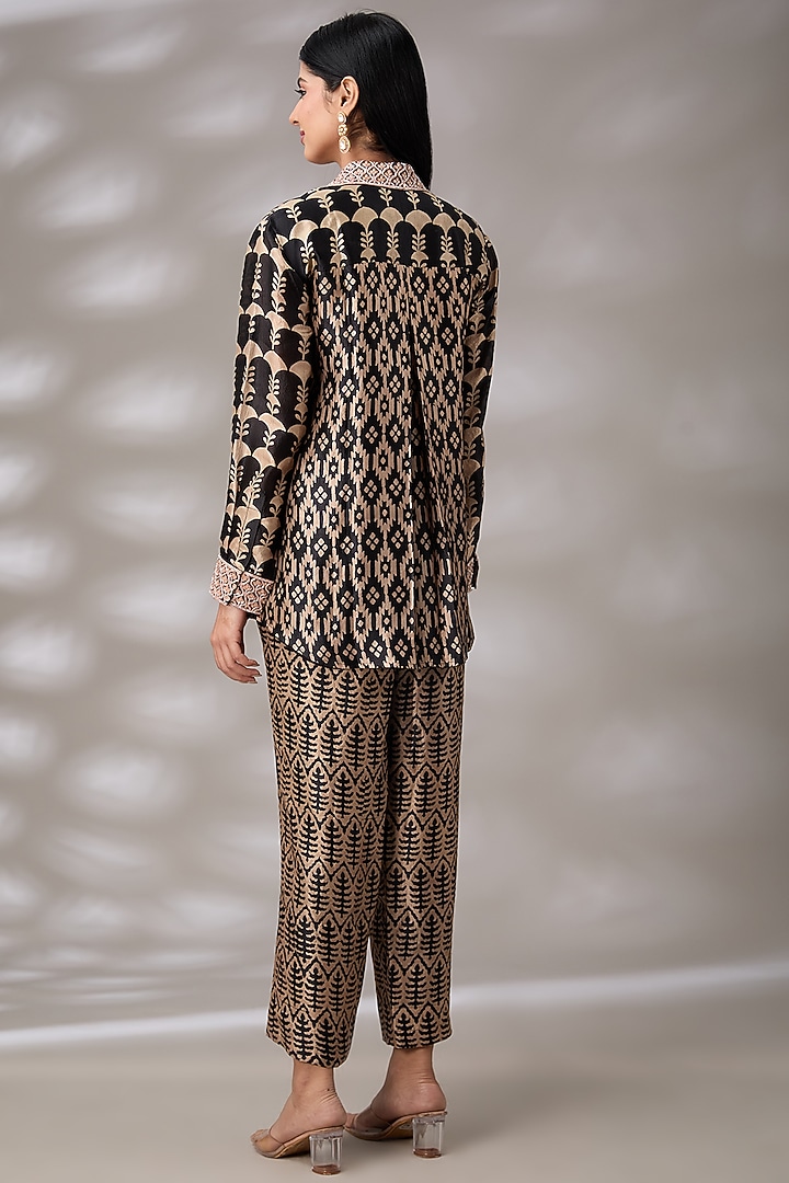 Black Kora Silk Floral Embroidered & Block Printed Co-Ord Set by Prisha's at Pernia's Pop Up Shop