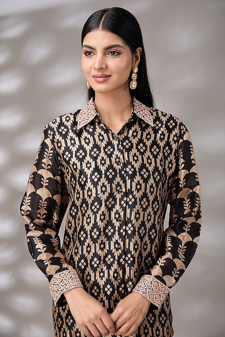 Black Kora Silk Floral Embroidered & Block Printed Co-Ord Set by Prisha's at Pernia's Pop Up Shop